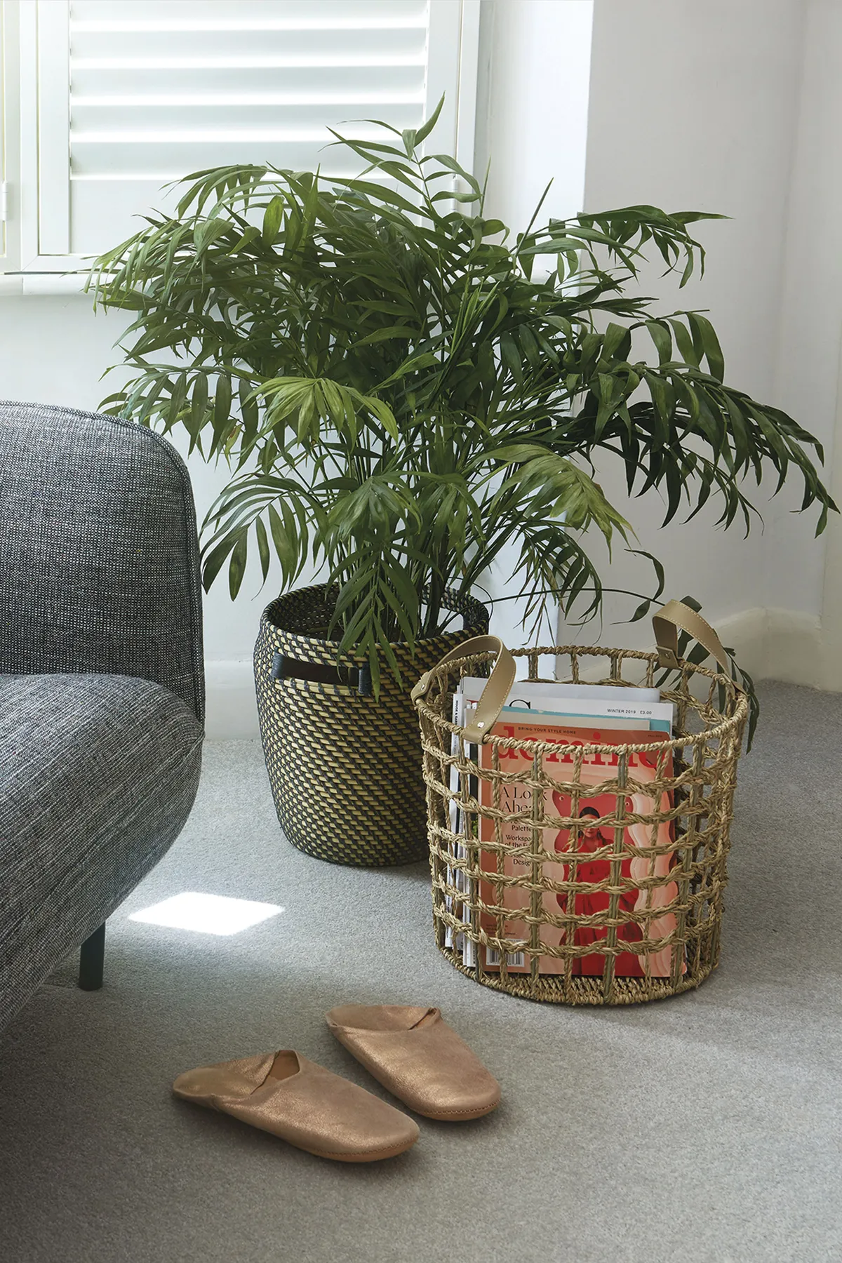 Natural textures add a relaxed, boho feel, with plant pots in woven materials and seagrass and bamboo baskets. Adding plants has helped breathe life into the scheme and also adds a pop of colour