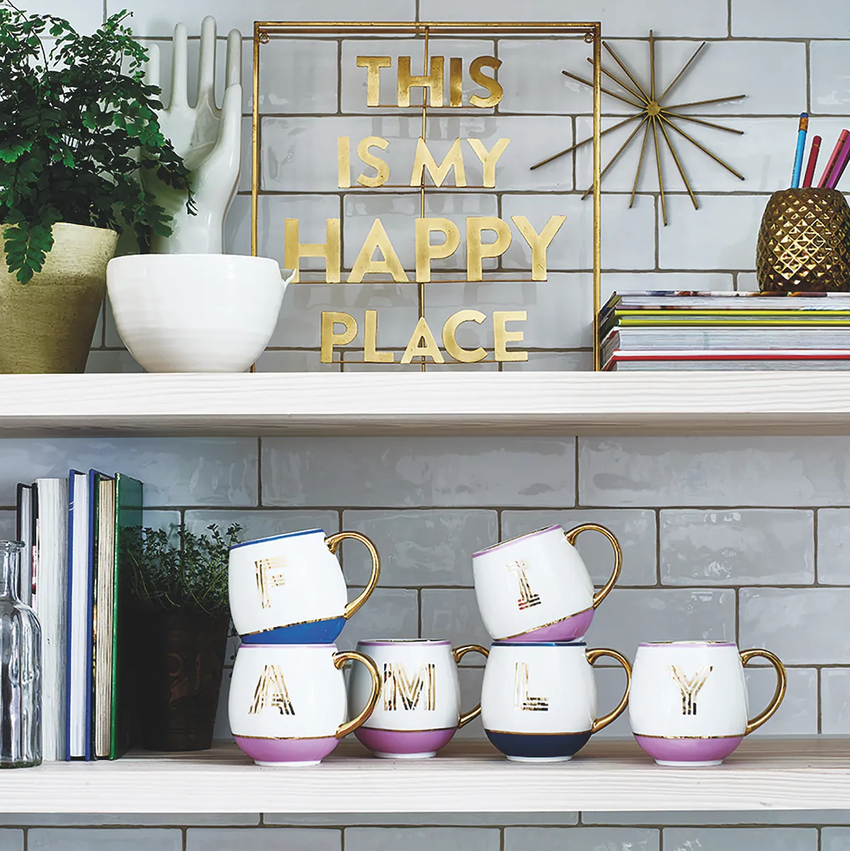 Library monogram mugs, £14.95; This is my Happy Place metal word art, £45, both Bombay Duck
