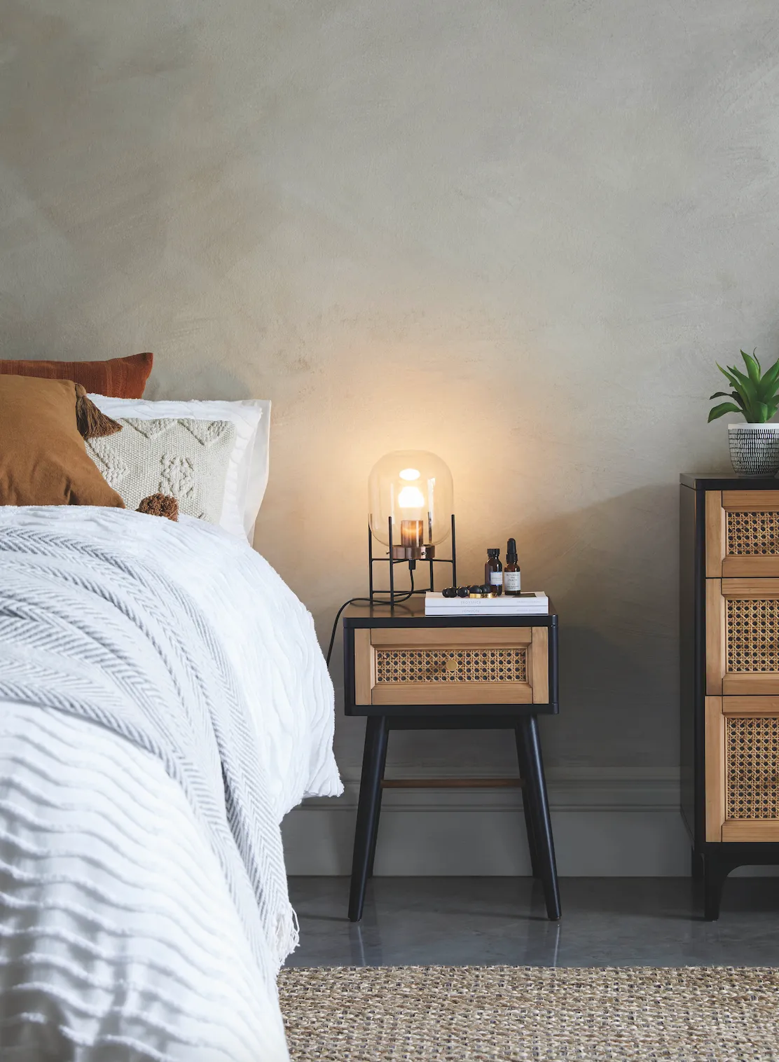 Dunelm’s new Retreat range aims to create a calming sanctuary with a mix of neutral and typically autumnal colours, alongside natural textures such as jute, wood and rattan. Franco side table, £69; Dayo Jardinere glass table lamp, £28, both Dunelm