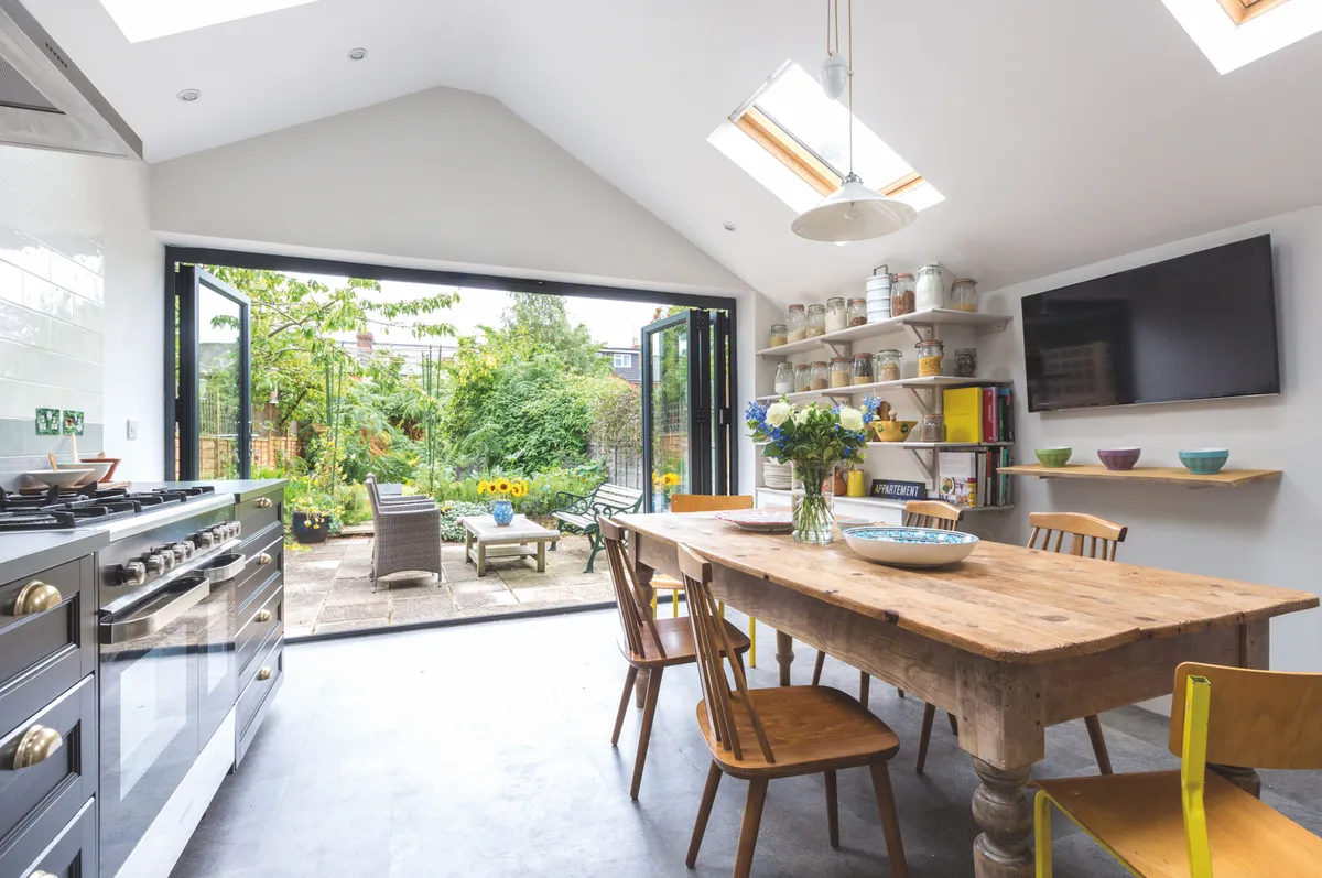 Kitchen makeover - bifold doors in the kitchen looking out onto a garden