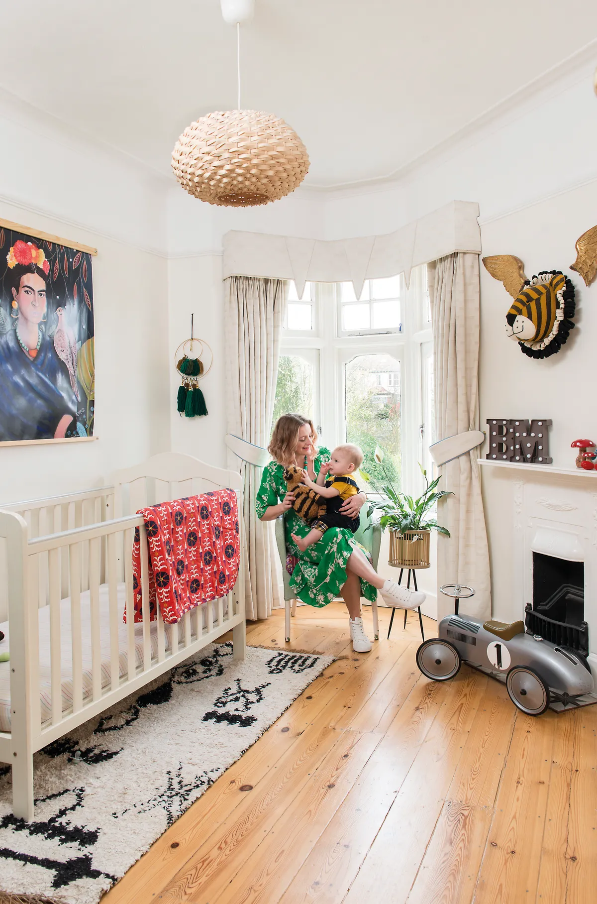 ‘I kept the curtains that were here in Bowe’s room already, as they’re neutral and do a great job blocking the light,’ says Sophie. ‘His cot is a family hand-me-down and the Lloyd Loom chair was a charity shop buy that I’ve painted’