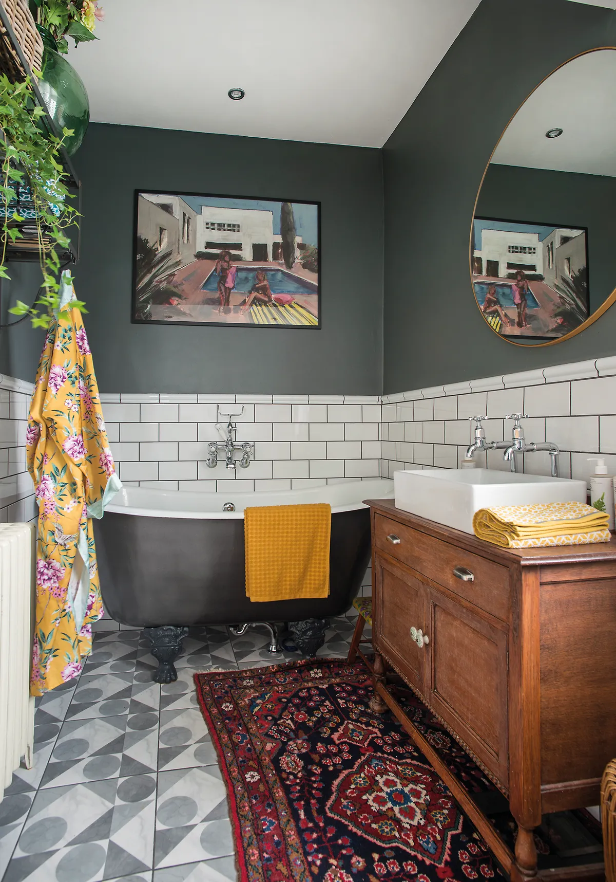 ‘I used Down Pipe from Farrow & Ball again in the bathroom and it makes a crisp contrast against the white wall tiles. I spent ages looking at floor tiles, before spotting these in Wickes. They weren’t expensive and I love the 1980s vibe’