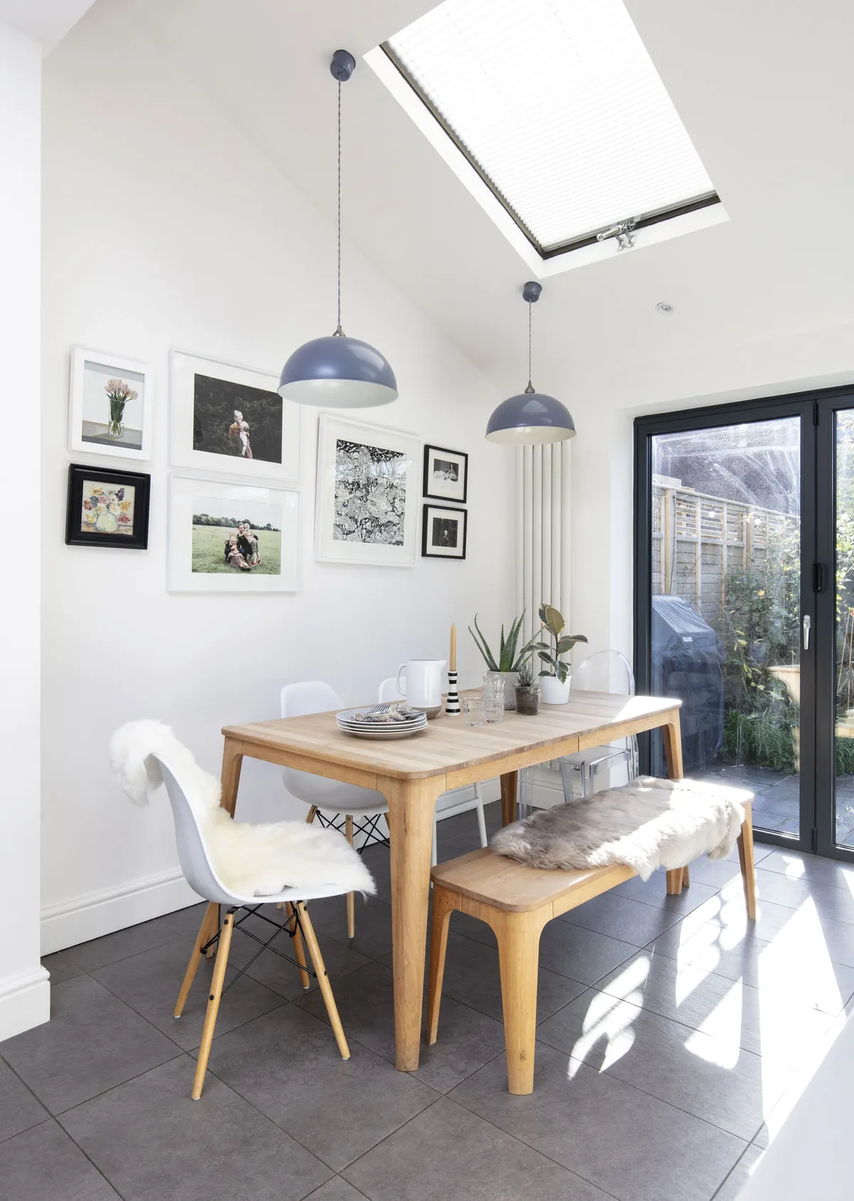 The simple table and bench from John Lewis & Partners really appealed to Polly with her love of Scandinavian design. She invested some of her kitchen budget in it, along with grey sheepskin rugs from Dunelm to give a cosy feel when the weather’s colder