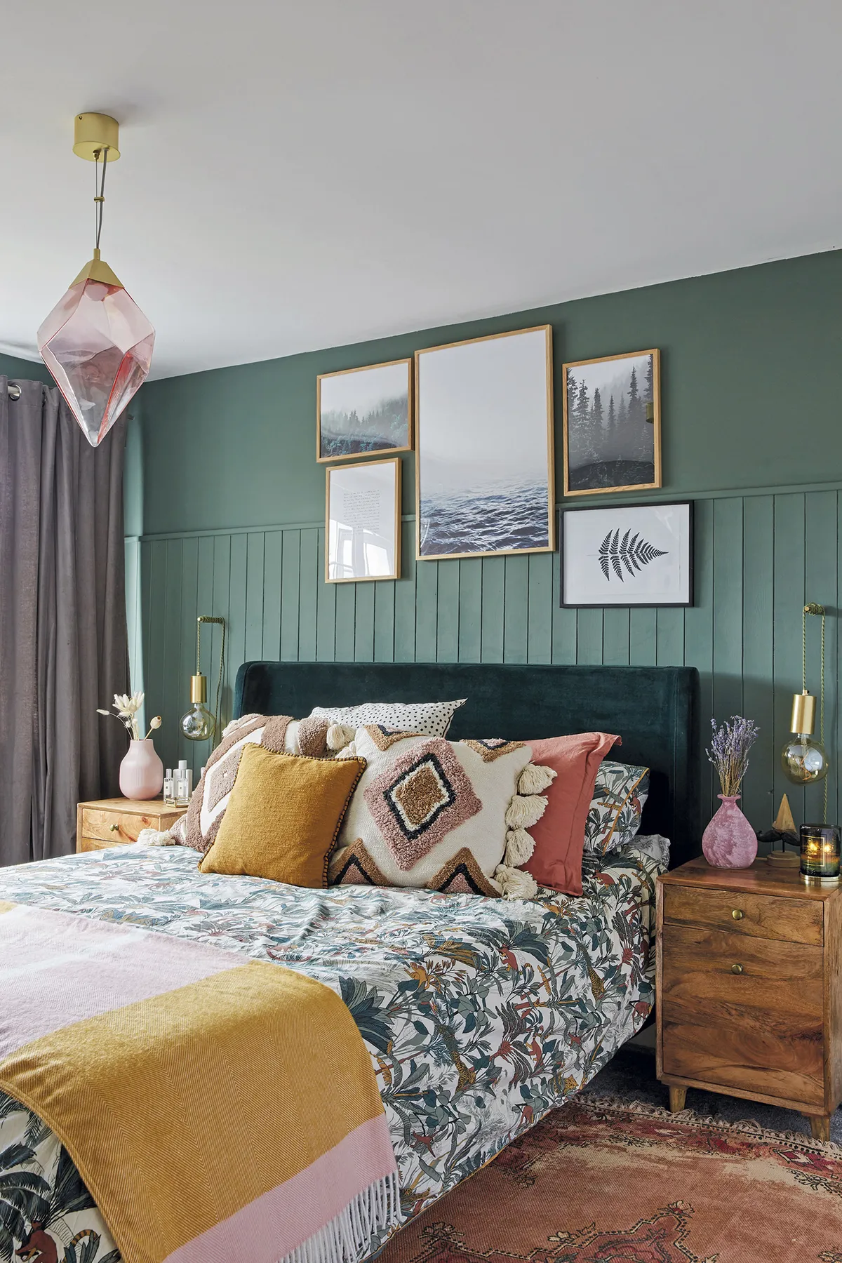‘I fell in love with this green shade called Ho Ho Green by Little Greene and knew I wanted to try it in our bedroom. We put in the panelling before and left the wardrobe white to add balance. I didn’t want it to feel gloomy so chose brightly patterned bedding and cushions from La Redoute’