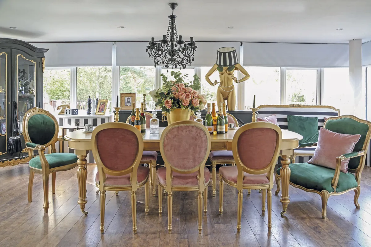 ‘I scored the dining table and seats from a second-hand website,’ Hayley says. ‘I upcycled them myself with metallic gold paint and velvet fabric, which I used to recover the chairs’