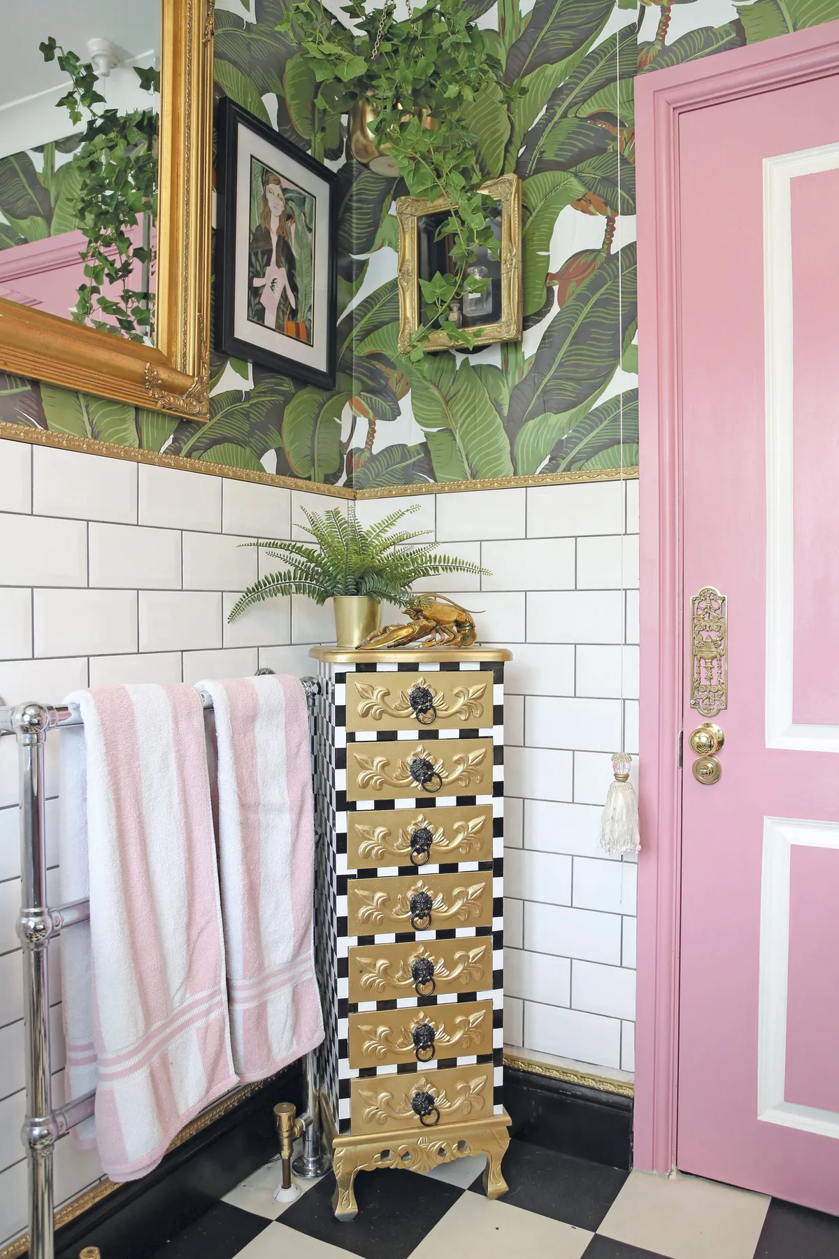To give the tallboy a refresh, Hayley covered it with decorative sticky- back vinyl and painted the drawer fronts gold. She gave the door a lick of pink paint to reinforce the Beverly Hills theme