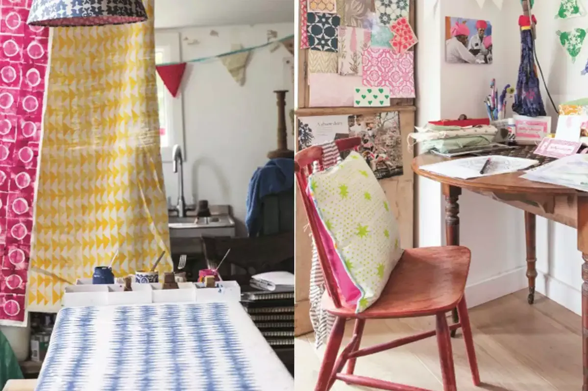 Molly Mahon’s coloured fabric prints and interior desk decor © Sarah Weal