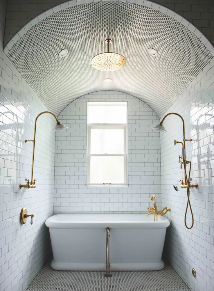 The Victorians loved the clean practicality of the subway tile. Here they create the perfect canvas for the Aegean bath’s design, enhanced by the high ceiling and exposed pipe work, from £3,750, Albion Bath Company.