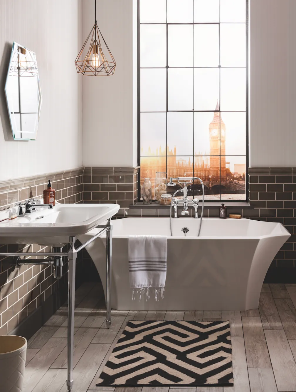 Make the most of glamorous curved designs, such as the Waldorf bath (£2,529, by Crosswater) to make a standout statement. Its clever design means it has a vast width of 1,645mm, which reduces down to just 1,158mm on the floor, creating the illusion of a bigger bathroom