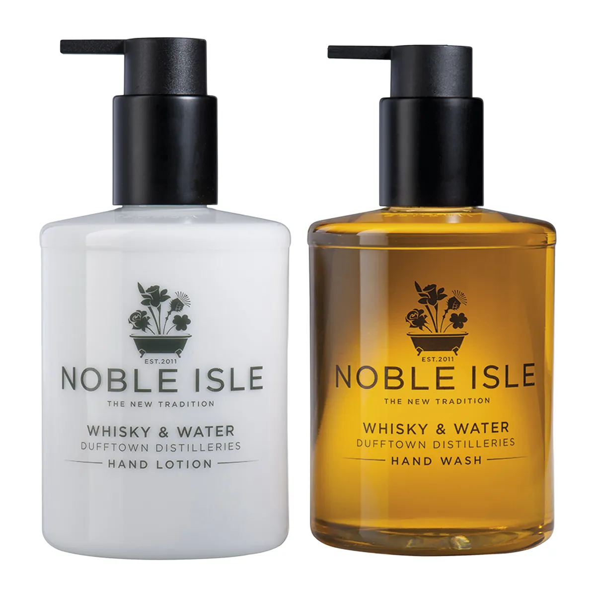 Noble Isle whiskey and water hand lotion, £21; Noble Isle whiskey and water hand wash, £19, both Amara