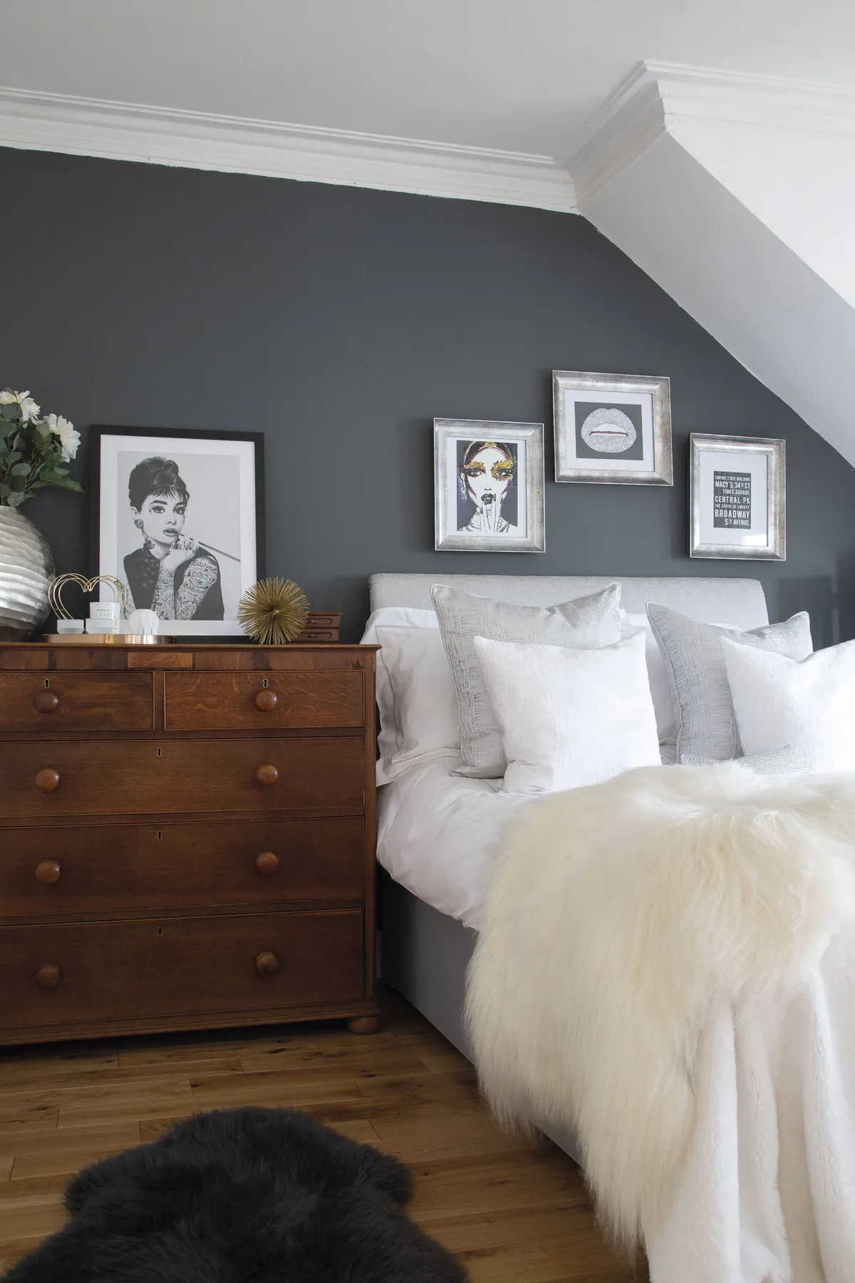 ‘I bought the drawers from Gumtree for £30 and I love how they look against the grey wall,’ says Lesley