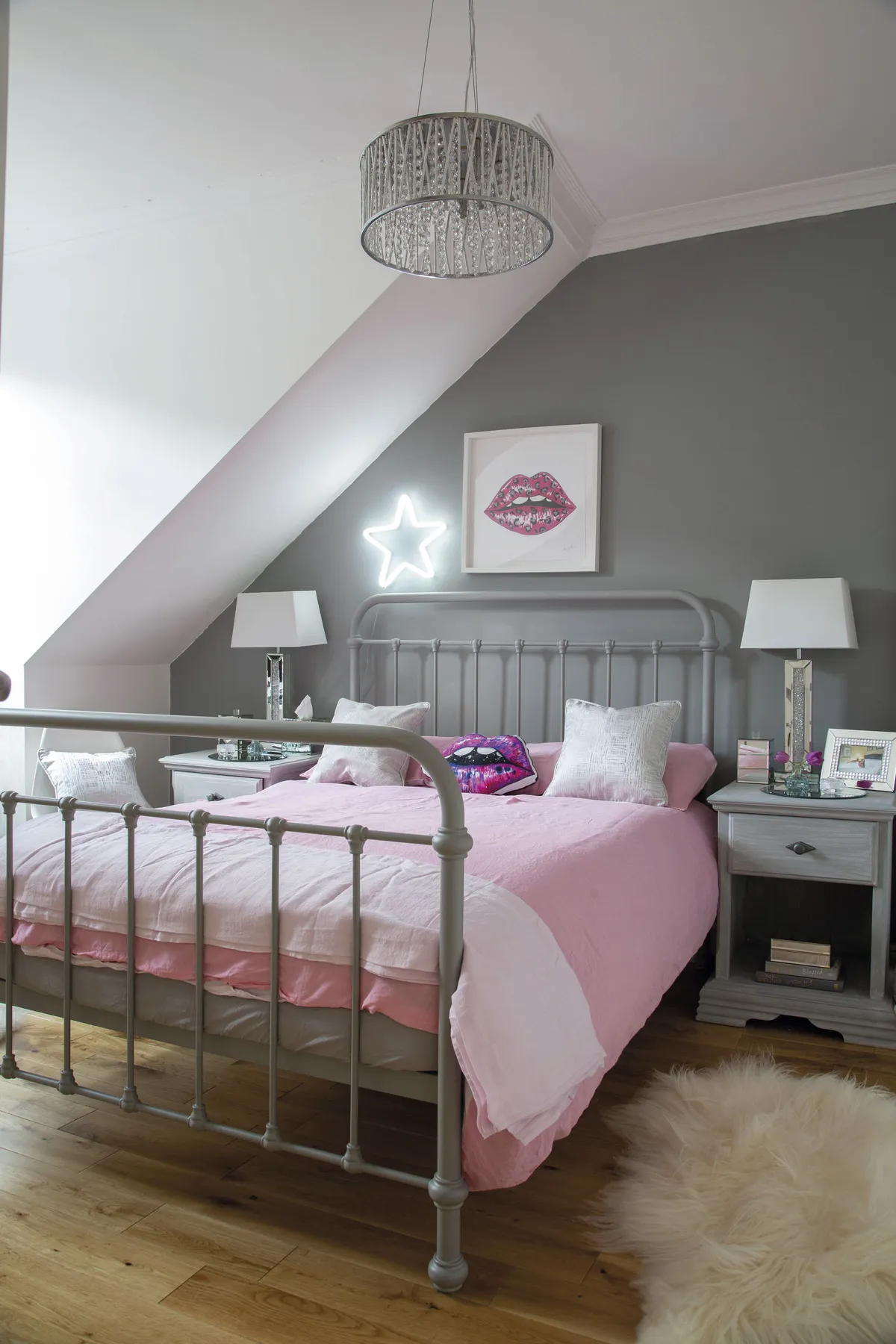 ‘The bed frame is from Feather & Black and I bought the bedside cabinets from a local charity shop before painting them the same shade as the wall,’ Lesley says
