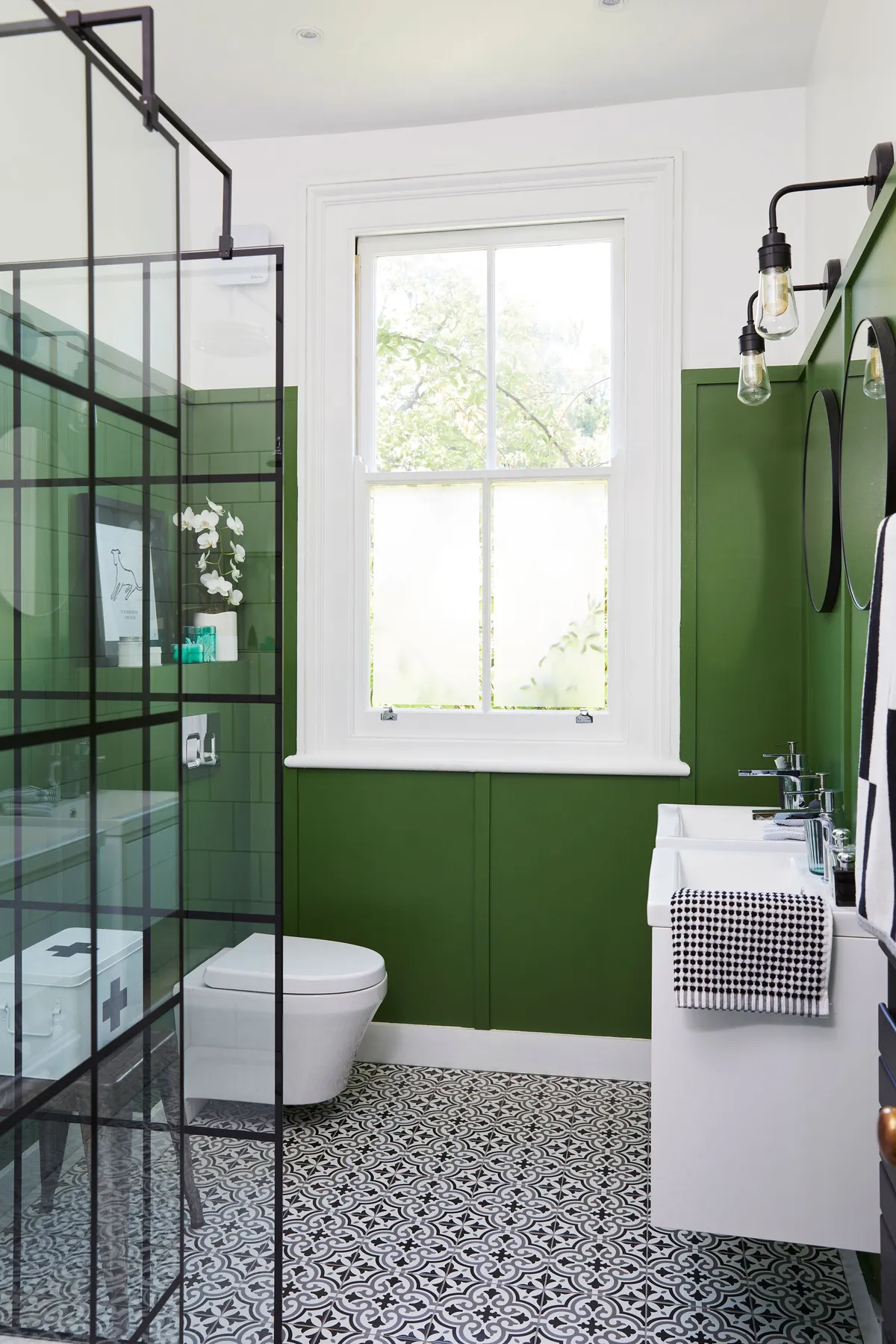 Good idea! Crittall-style screens bring a touch of industrial styling to a bathroom. If possible, get the pattern digitally printed so the screens are smooth and easy to clean.