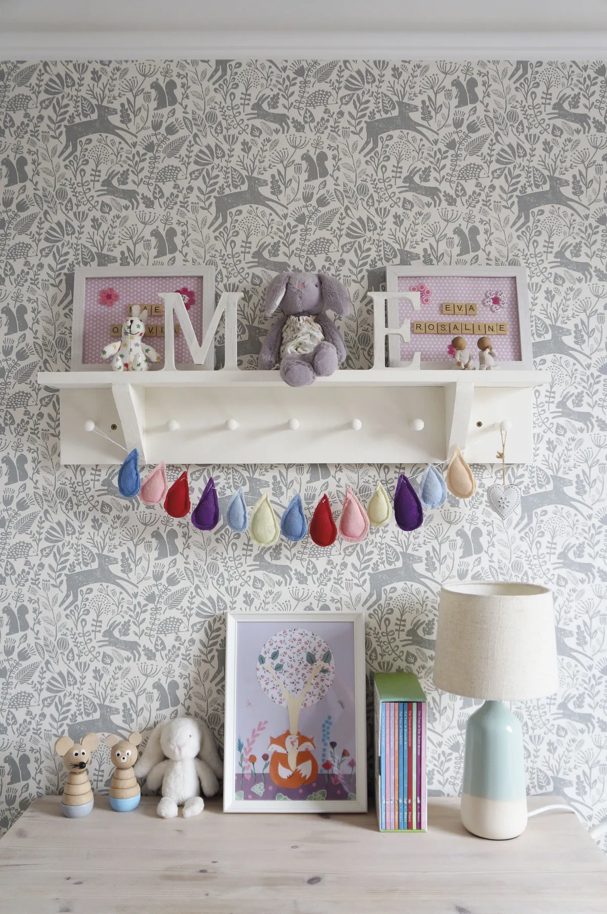 ‘I definitely embraced a pink colour scheme in the girls’ bedroom,’ says Jade. ‘The Scion Kelda wallpaper in Pewter was a recent addition and I think it really finishes off the room.’