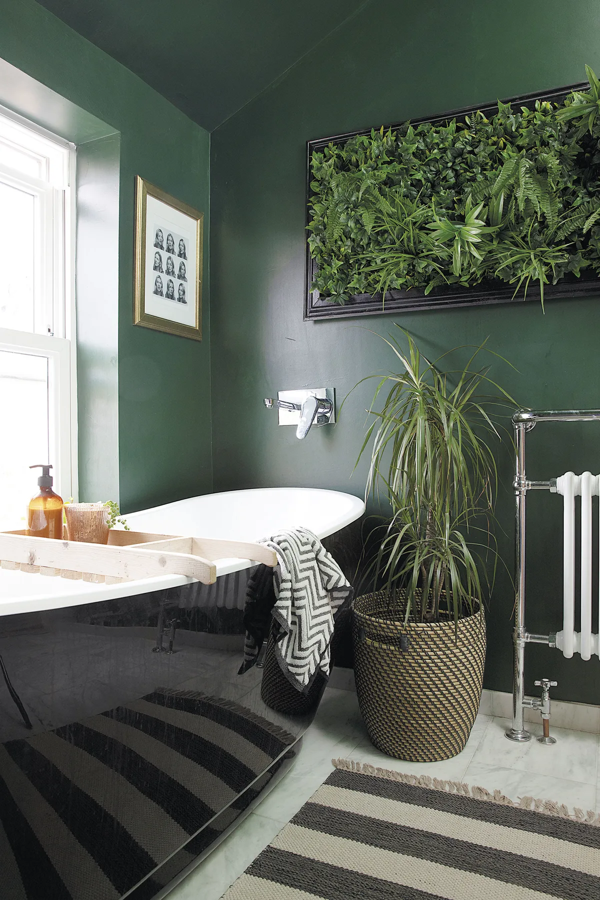 A faux living wall adds a quirky touch to the family bathroom. ‘I made the frame from architrave and attached chicken wire to the back,’ says Sam. ‘Then I added artificial plants from my local garden centre’