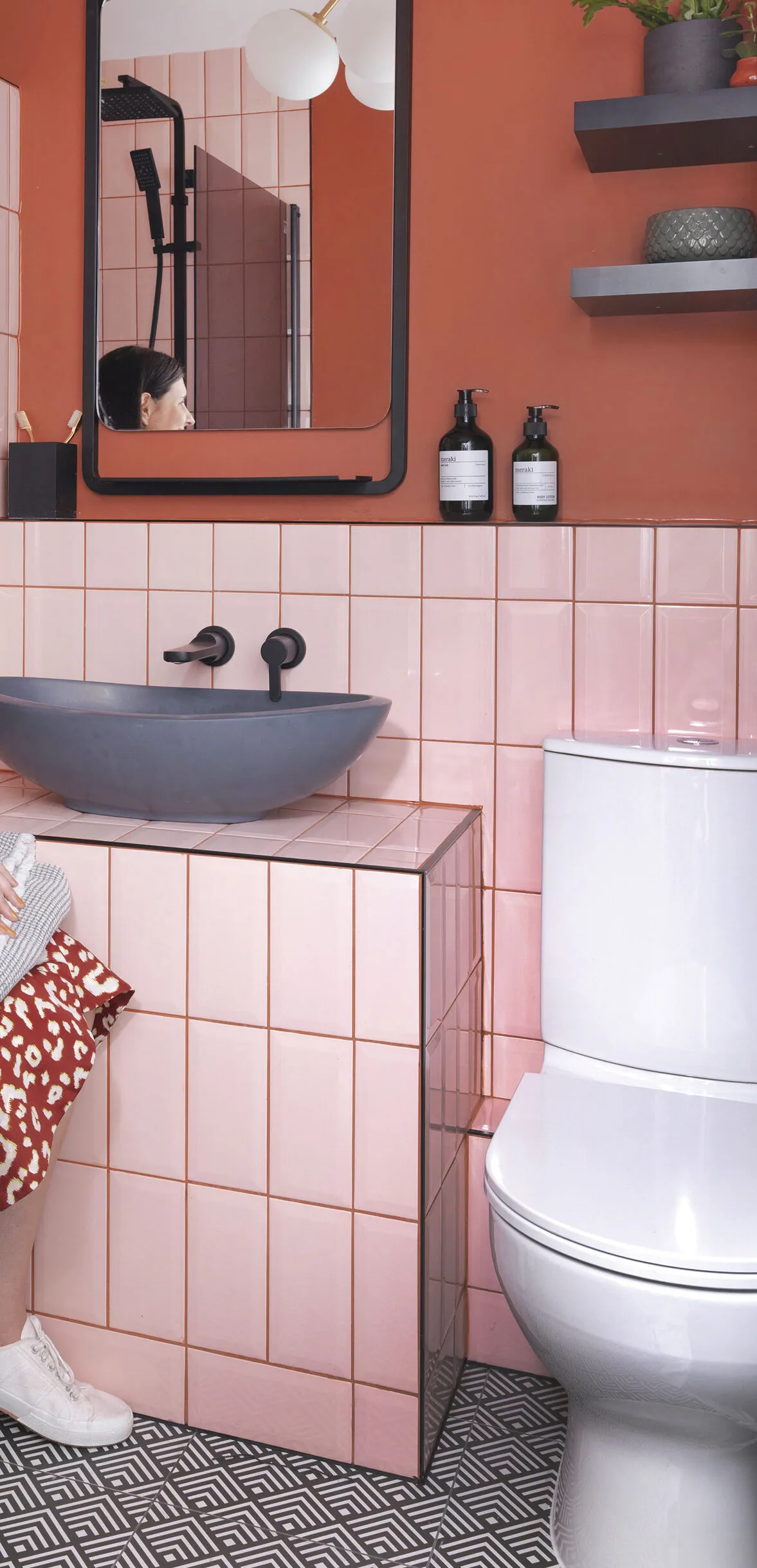 An earthy terracotta colour on the walls works perfectly against the blush metro tiles, which have been laid in a vertical formation rather than the usual brick- style pattern. A rimless loo from B&Q was chosen for its hygienic design, while the sink from BC Designs, mirror from Drench and taps from Crosswater all add a modern, sleek feel to the room. ‘I’m so pleased with how the bathroom has turned out,’ says Riannon. ‘I think the use of colours together makes a change to the standard white tiles and grey grout’