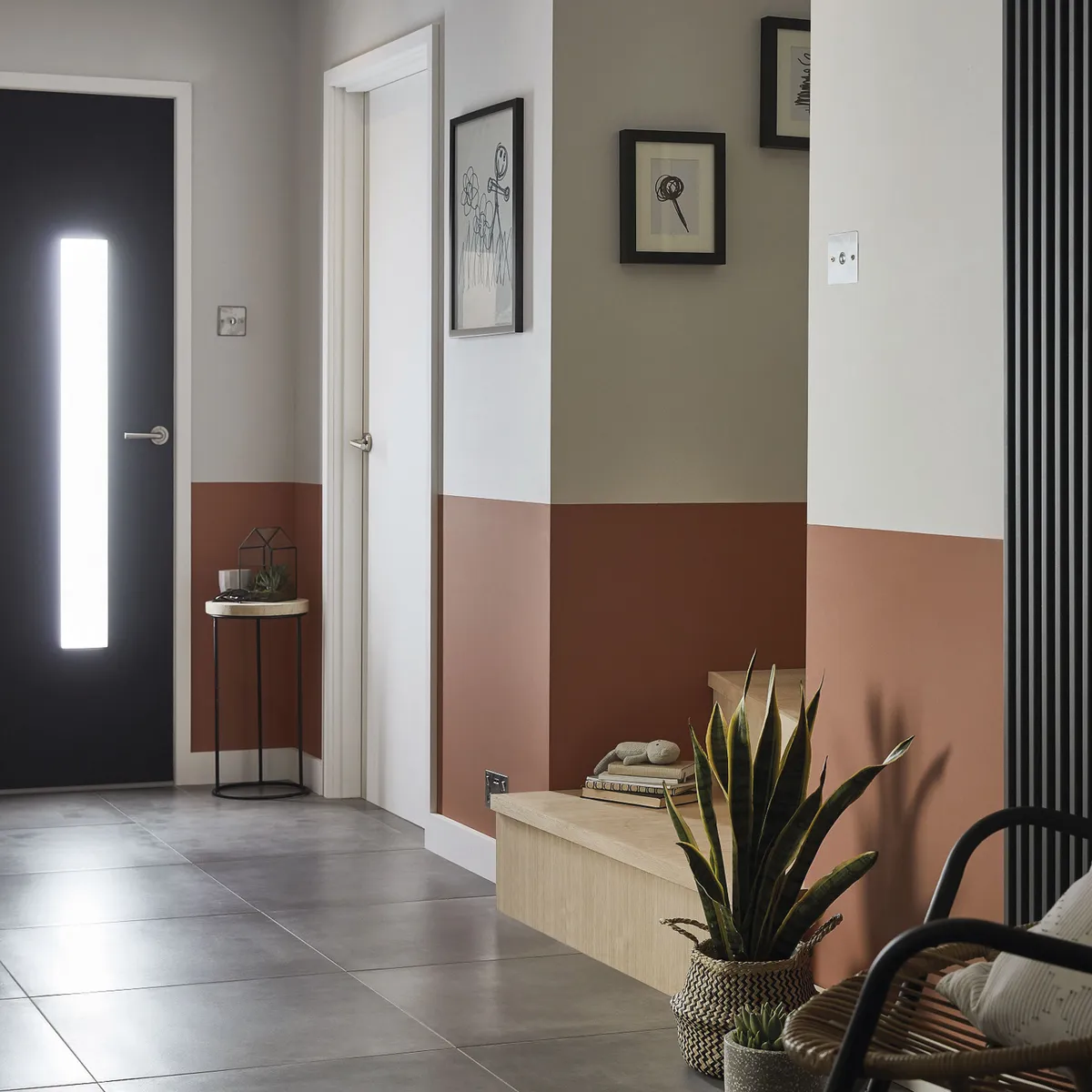 GoodHome paint in Hempstead, £16 for 2.5l; GoodHome paint in Pimlico, £16 for 2.5l; konkrete anthracite porcelain floor tile, £15.20 per sq m; GoodHome kensal vertical anthracite radiator, £180; GoodHome brushed chrome recessed downlights, £23 for three, all B&Q