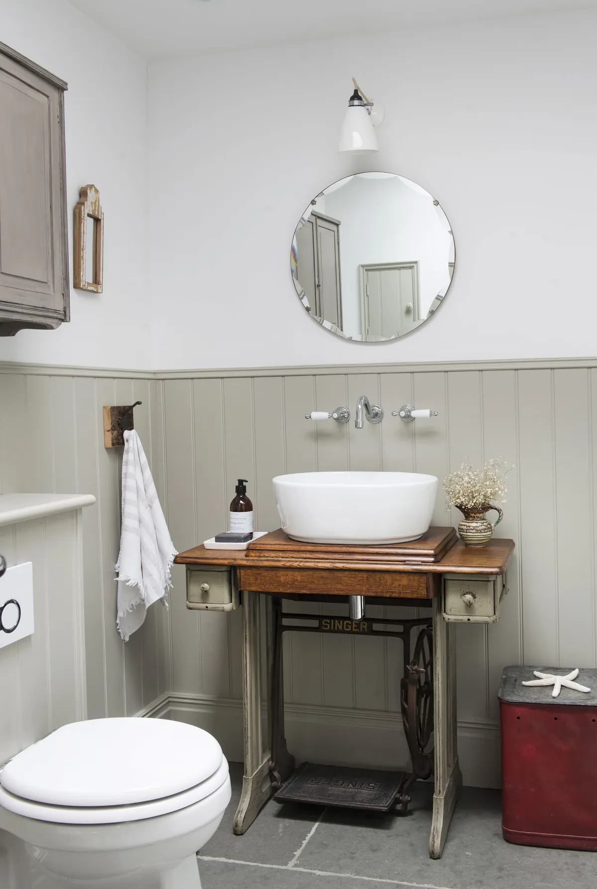 ‘We gave Paul’s mother’s Singer sewing machine a new lease of life and converted it into a basin stand in our shower room. It’s a poignant reminder of a much-loved lady,’ reveals Kay