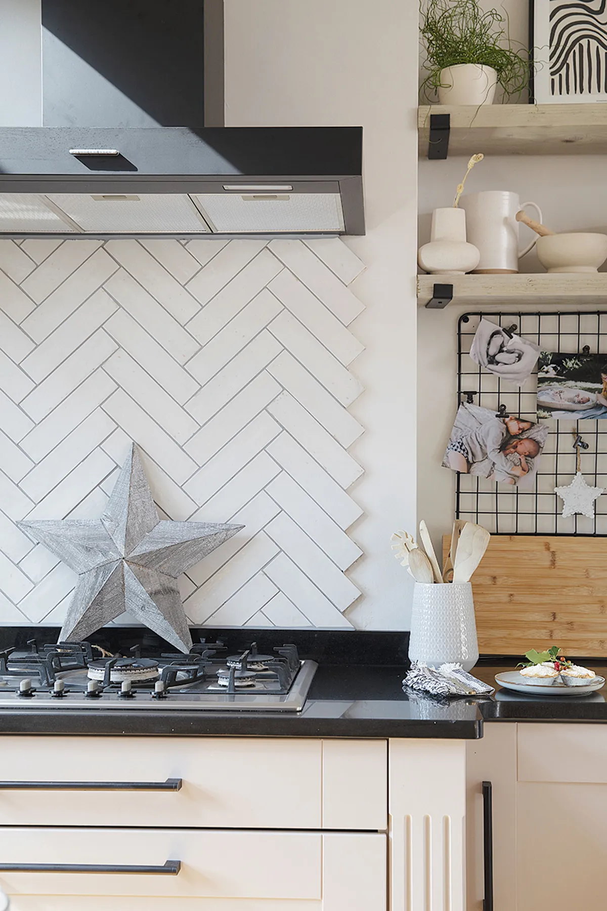 ‘I used a design app to see how the tiles behind the hob would look,’ Louise says. ‘It didn’t look right with a trim around, so I left the jagged edges because I like the uneven, hand-finished effect they create’