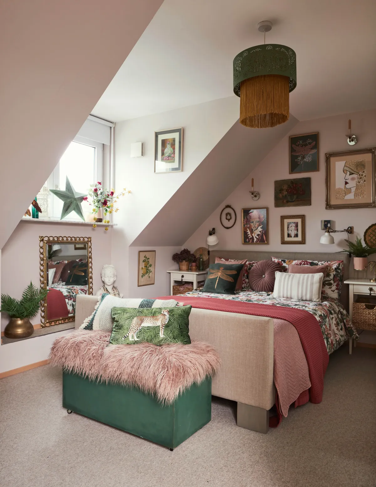 main bedroom,carpeting,slanted ceiling,artwotk,lighting,bed cushions,