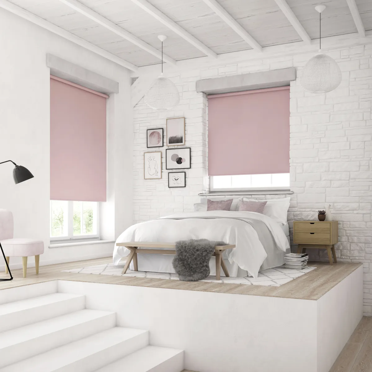pink bedroom ideas - white walls and pink blinds 