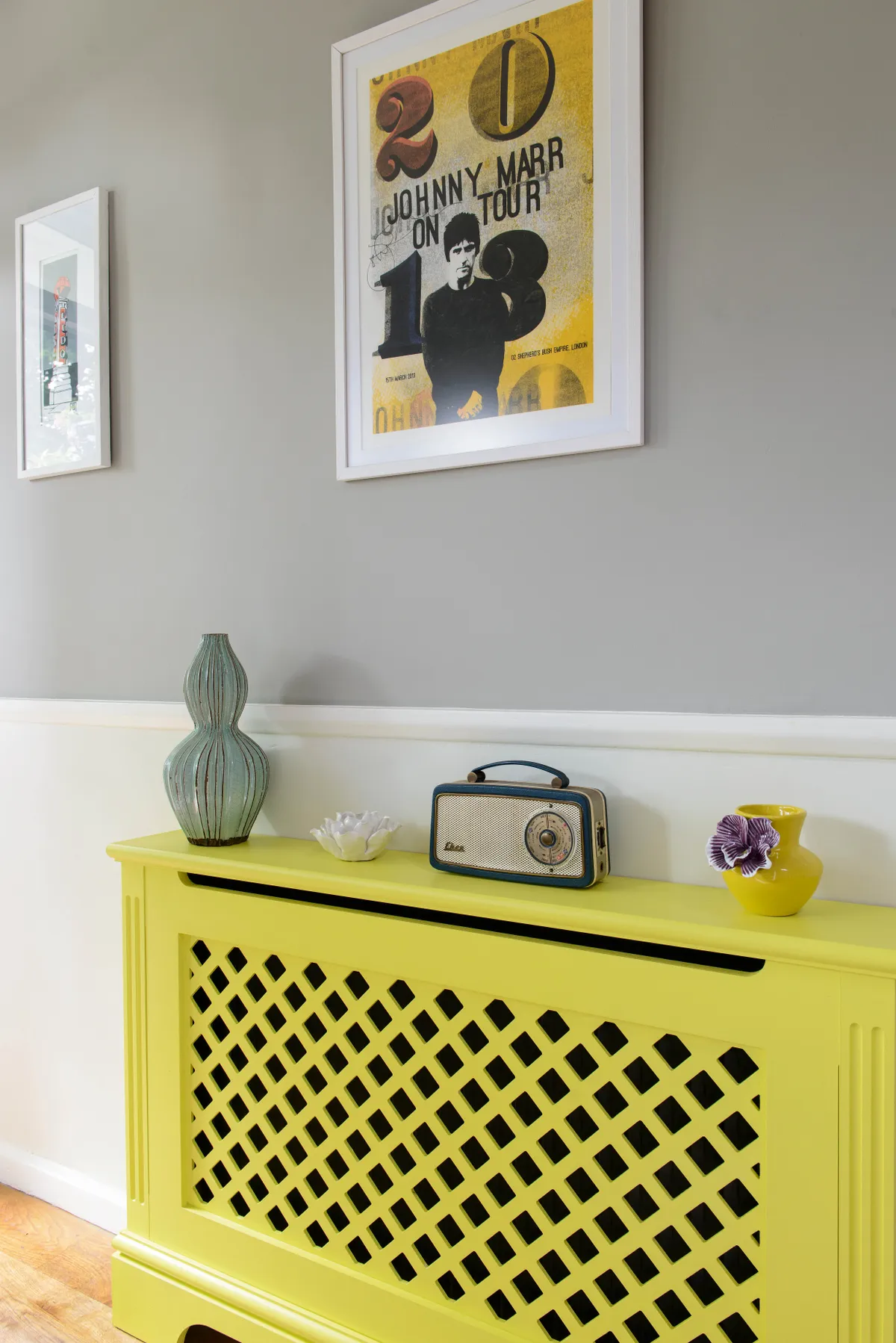 An an old radiator covered and painted bright yellow