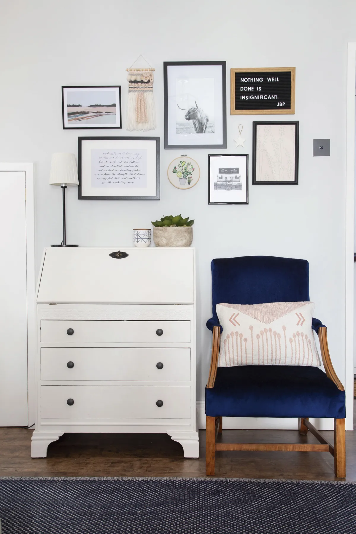 ‘The bureau was a second-hand buy from eBay that I upcycled with white paint, and the navy armchair was another eBay steal, which I reupholstered in velvet,’ Ruth says. ‘The latter was my first ever project – luckily it worked out alright’