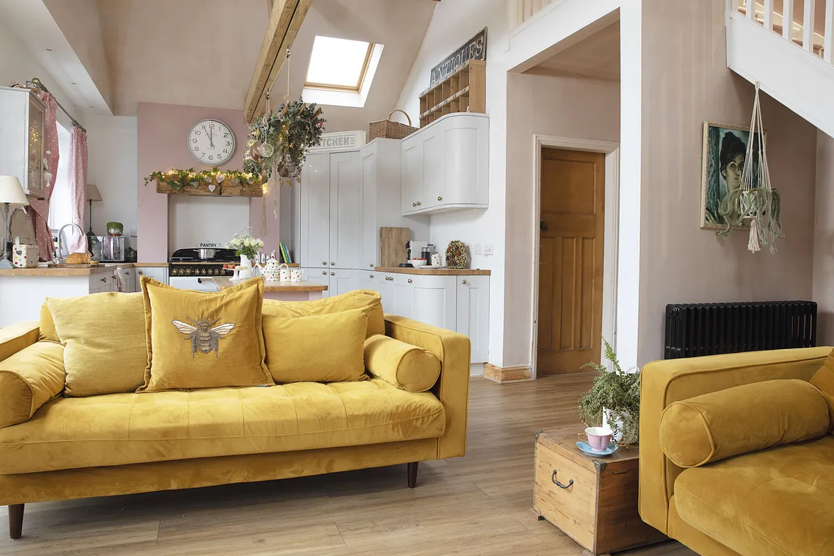 Sandra went for two matching gold velvet sofas from eBay for a bold pop of colour in her living room. ‘Friends think I’m brave for buying a sofa online that I never actually sat on, but I’m always lucky with my bargain online buys,’ she admits