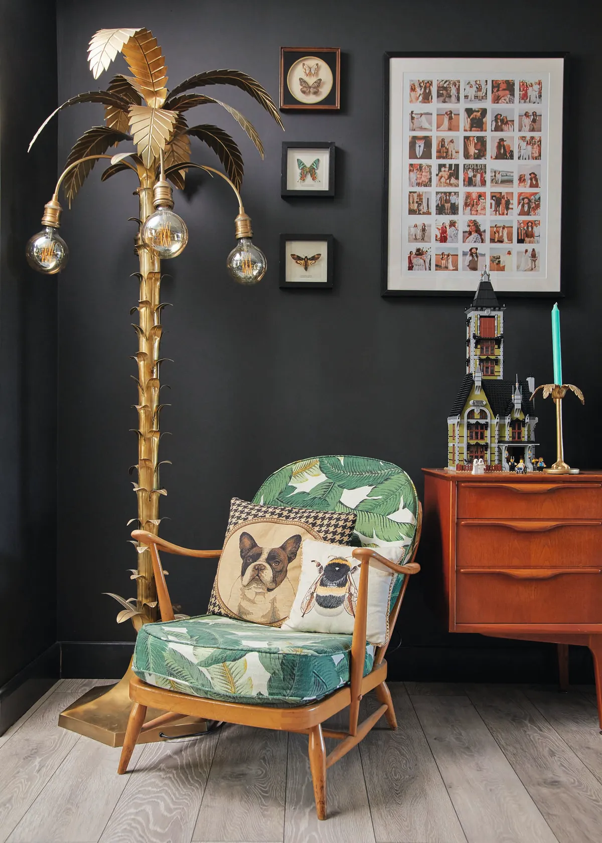 Britt's palm tree light is from Rockett St. George and the Ercol Windsor armchair has been reupholstered in a palm print fabric