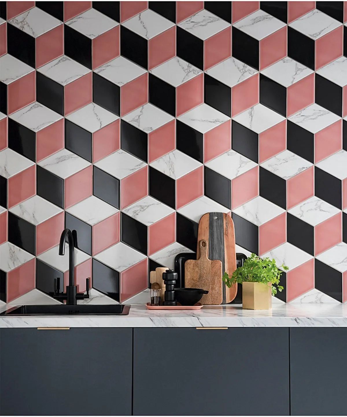 Rhomba tile in Torrano, Blush Gloss and Charcoal, all £67.71 per sq m, Topps Tiles