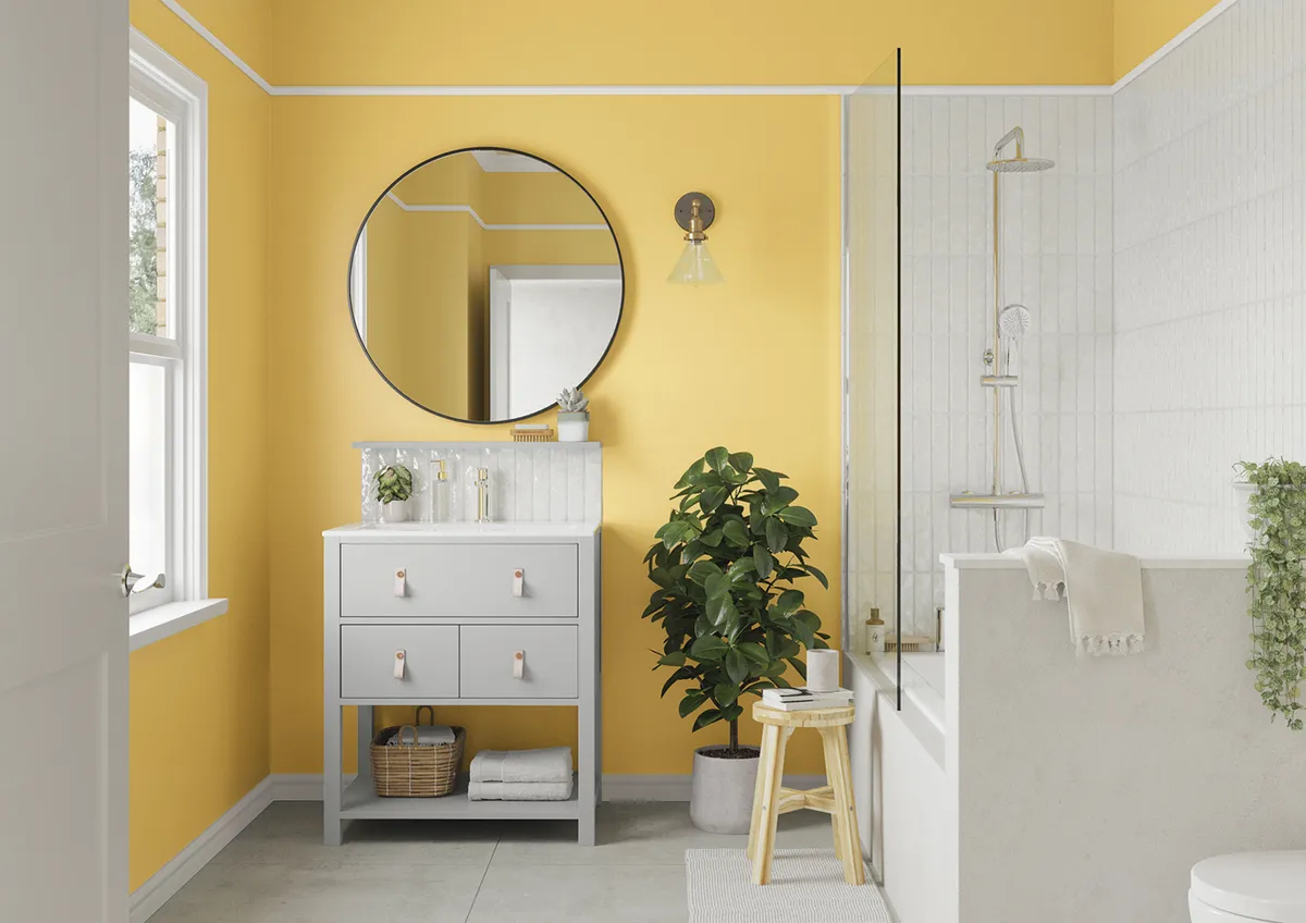 Wall in Banana Split; vanity in Goose Down; wood in Absolute White, all from £16.19 per litre, Dulux