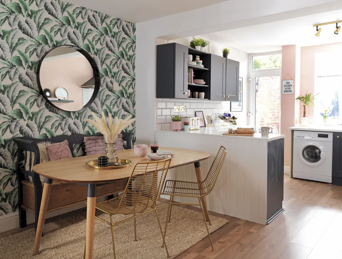 ‘Our dining table and chairs are from MADE.com, while our dining room wallpaper is from I Love Wallpaper,’ says Raya. ‘It worked well with the green and pink colours we were looking at for the room and we thought it was quite bold and eye-catching’