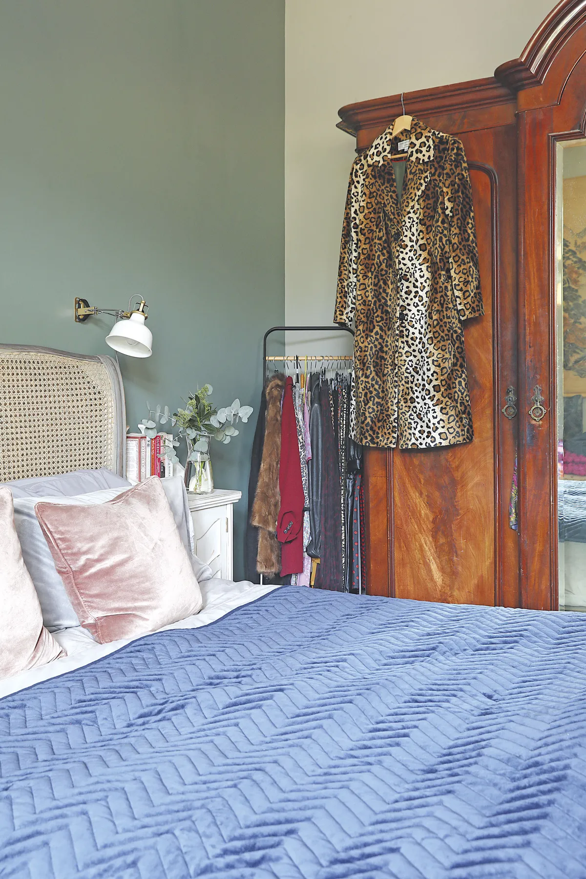 ‘I love the rattan French vintage feel of the bed, which I stock in my shop, Rose & Lee Interiors. The vintage bedside tables were sourced at an antiques market and the blue throw is by Broste Copenhagen’
