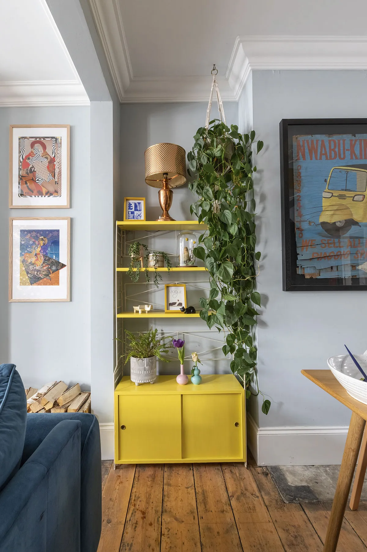 Carey has injected colour into her scheme by painting existing pieces, including her much-loved Scandinavian string shelves, which have been given a coat of Dulux’s Sulphur Springs