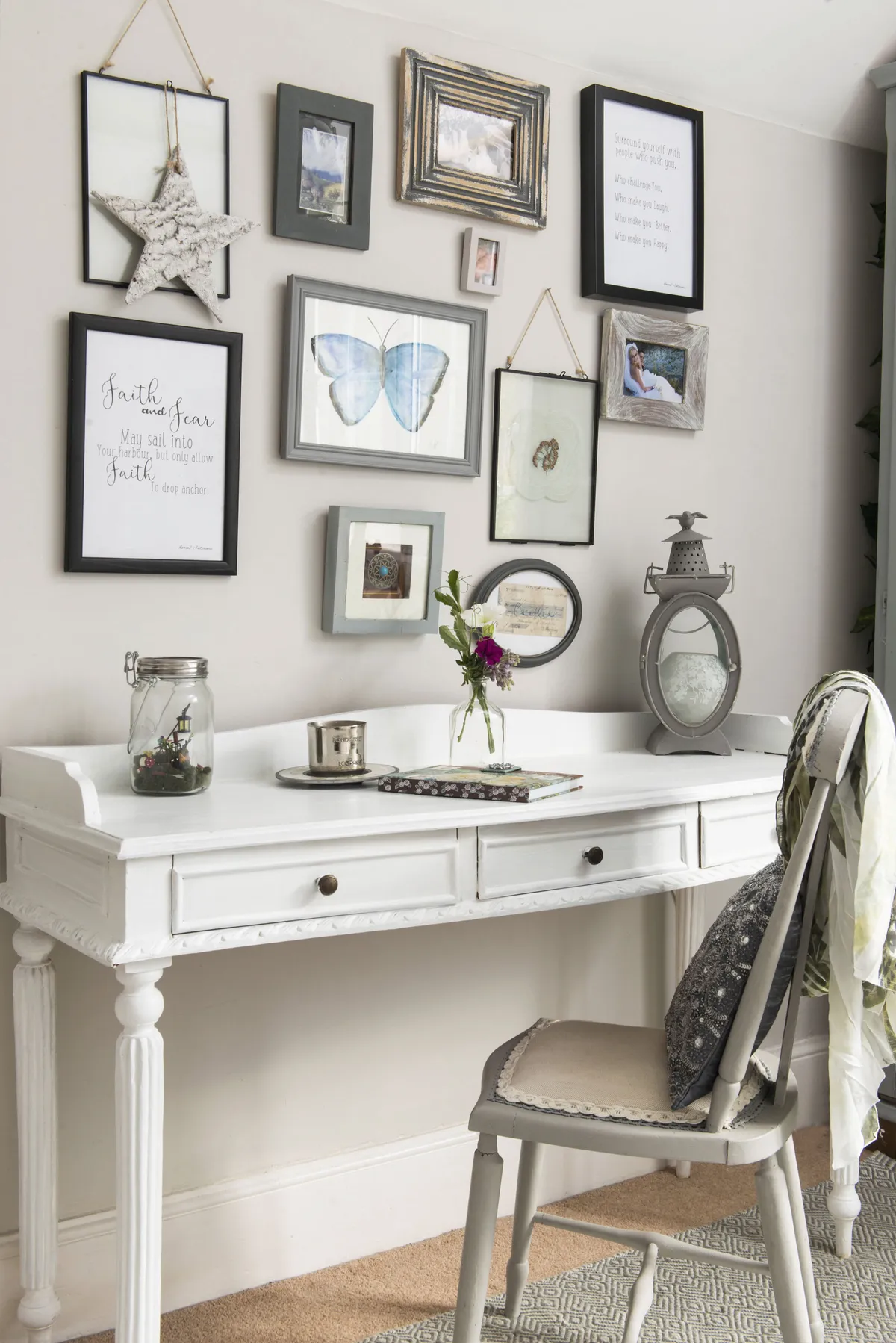 Add a desk to a spare bedroom so it’s a useful space even when guests aren’t staying. Danecia’s is a second-hand find, painted and updated with new knobs from B&Q
