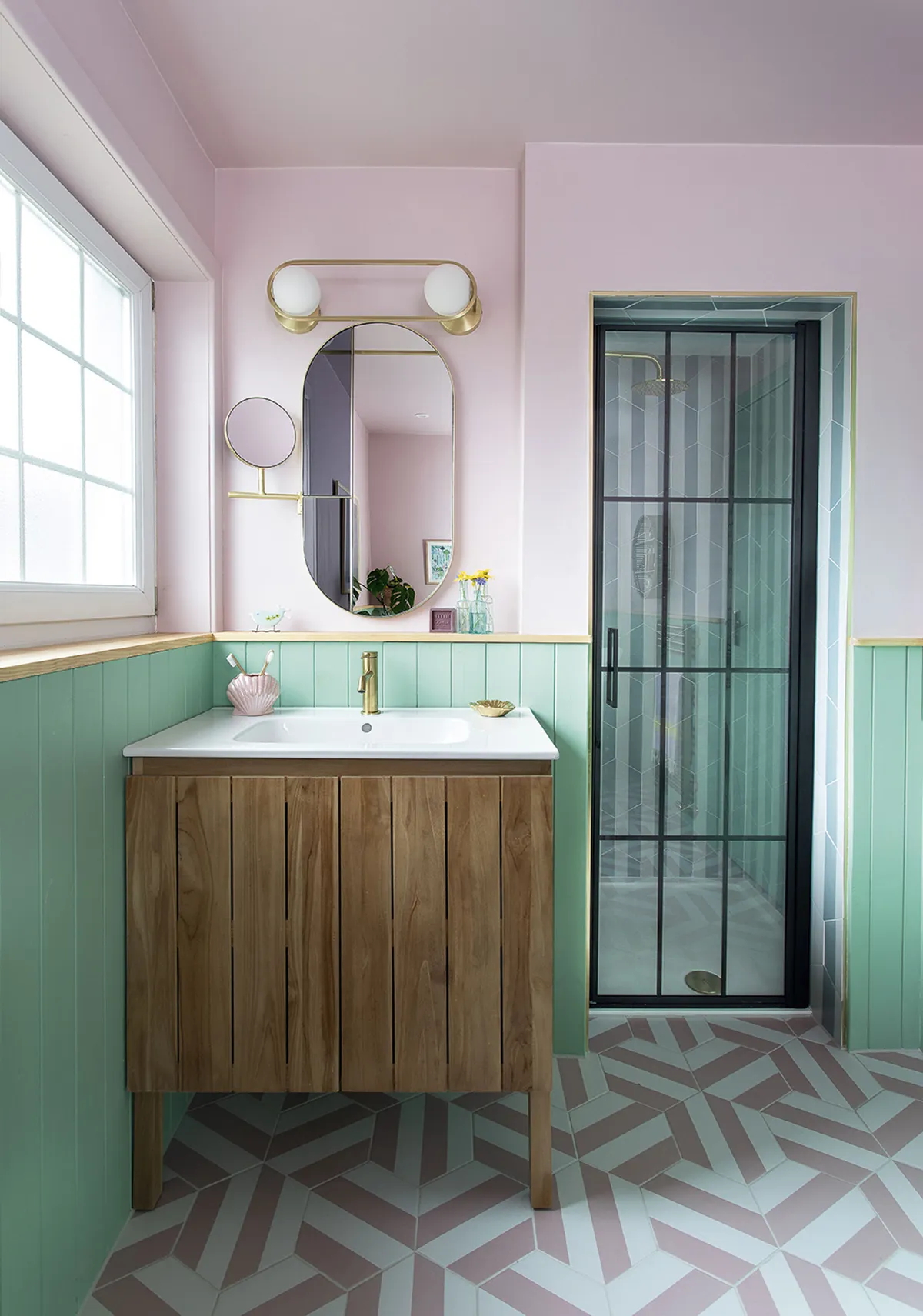 pastel bathroom makeover - crittall shower screen