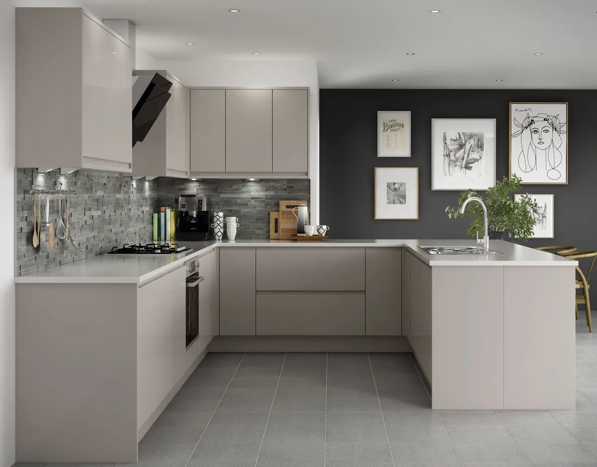 Holborn kitchen in gloss cashmere, £2,420 for an eight-unit kitchen, Benchmarx Kitchens