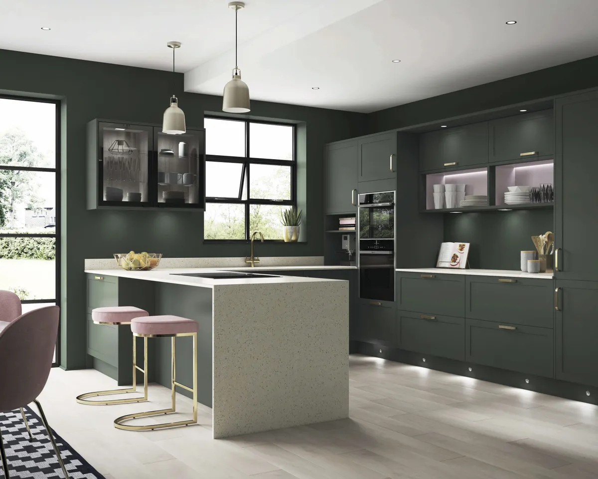 Chester forest green kitchen, from £2,500 for an eight-unit kitchen, Wickes