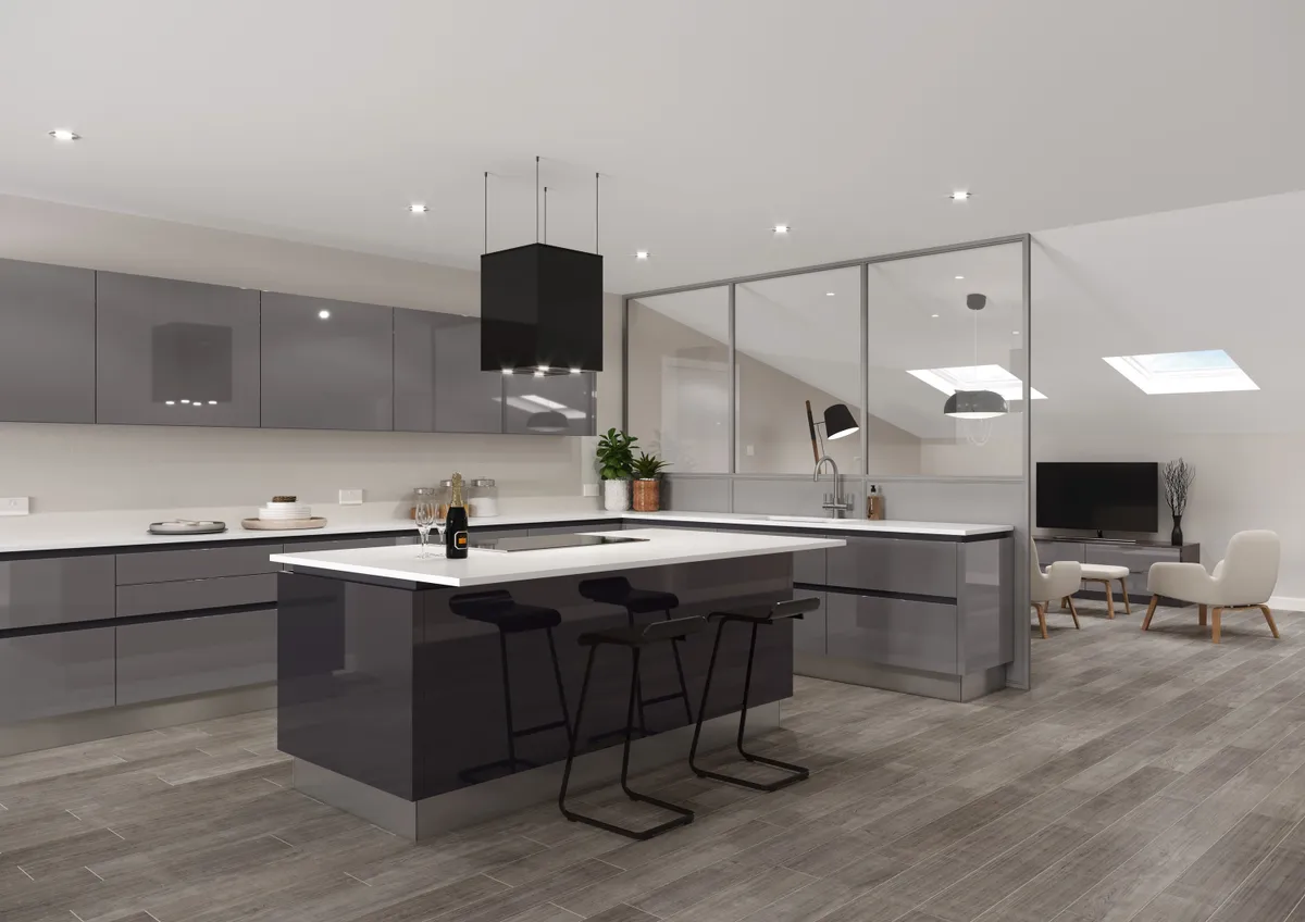 Furore kitchen in graphite and light grey, from £10,000, Crown Imperial