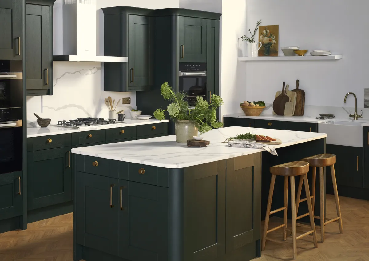 Country Living Whitstable kitchen in emerald, from £1,760 for an eight-unit kitchen, Homebase