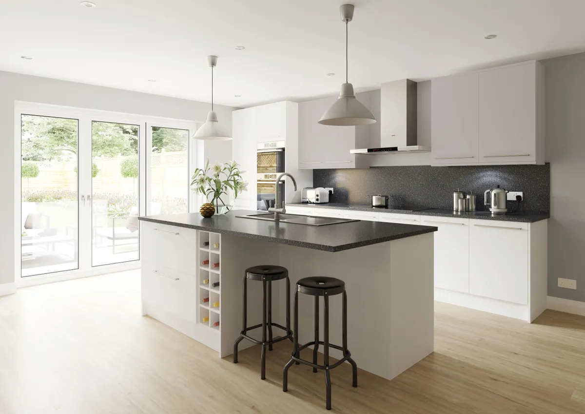 Locano kitchen in white and grey mist, from £1,257 for an eight-unit kitchen, Lifestyle Kitchens