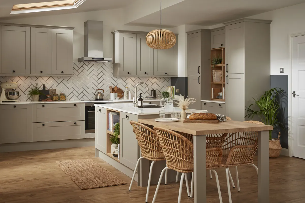Tatton kitchen in pebble, from £2,521 for an eight-unit kitchen, Magnet Kitchens