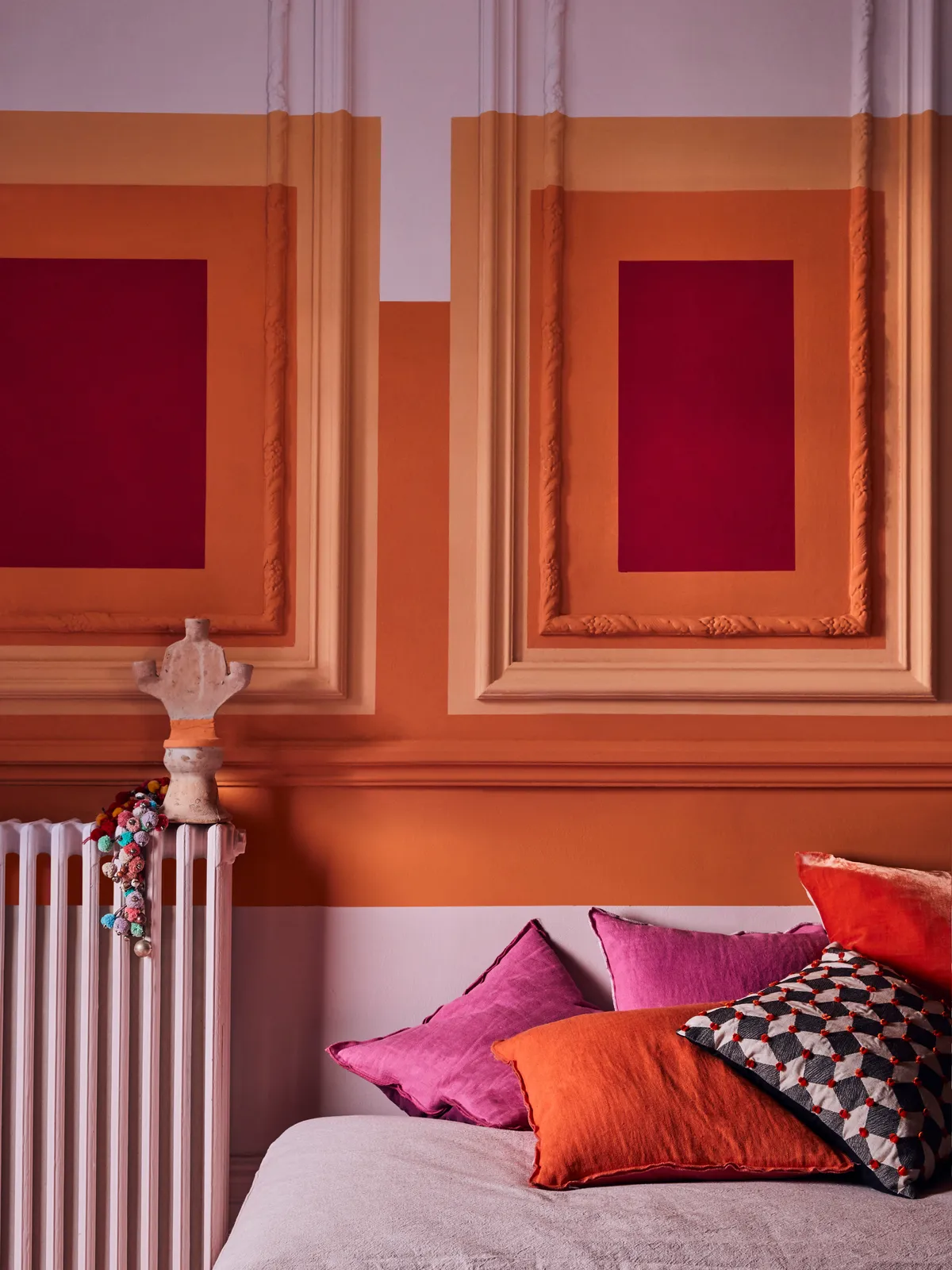 Panelled Wall Sunset Squares in Antoinette, Barcelona Orange and Emperor's Silk chalk paint, all Annie Sloan