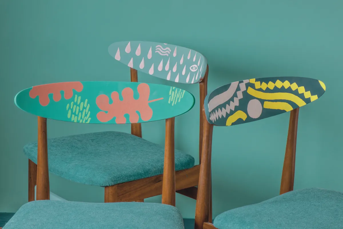 Green Mid Century Chairs Painted In Chalk Paint Pattern, Made Using Detail Brushes, Annie Sloan