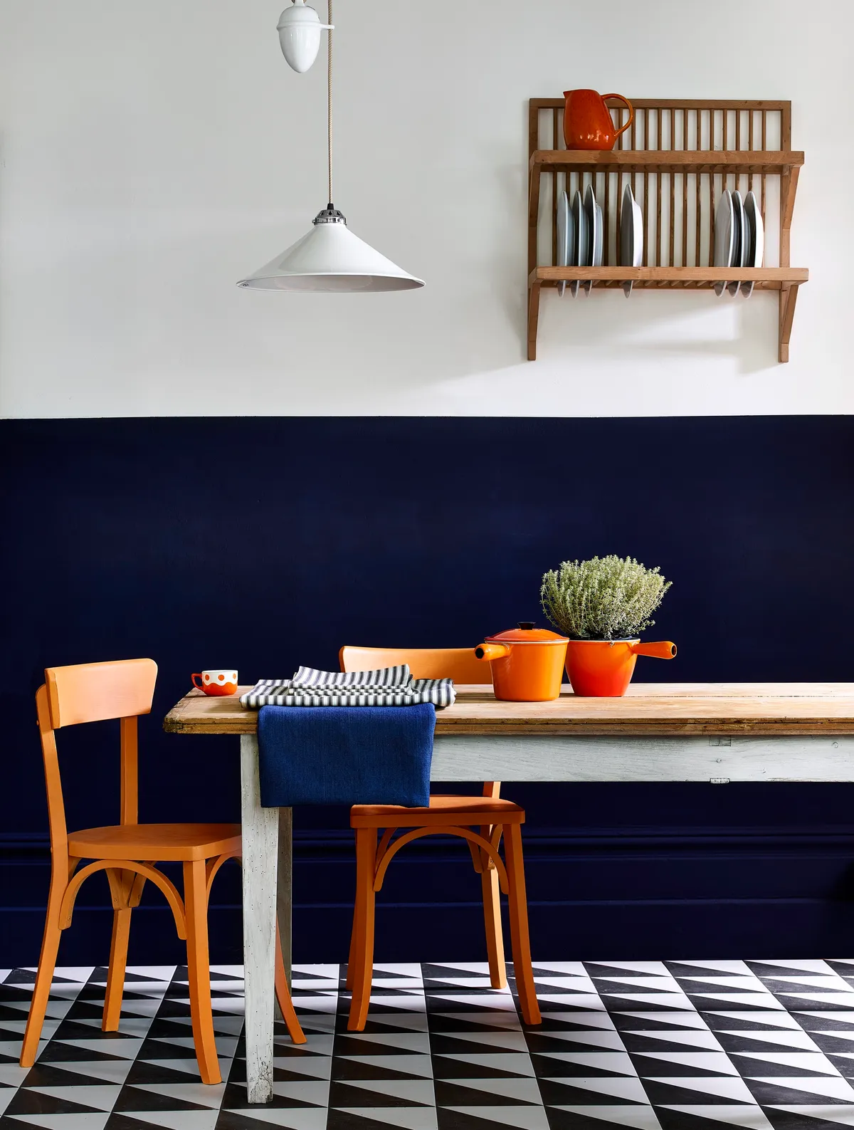 Kitchen Chalk Paint In Oxford Navy, Pure and Barcelona Orange, all Annie Sloan