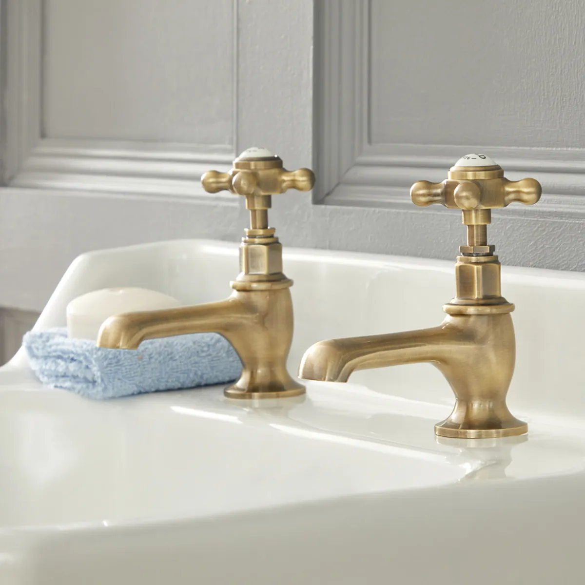 Milano Elizabeth traditional crosshead basin pillar taps in Brushed Gold, £79.99, Big Bathroom Shop