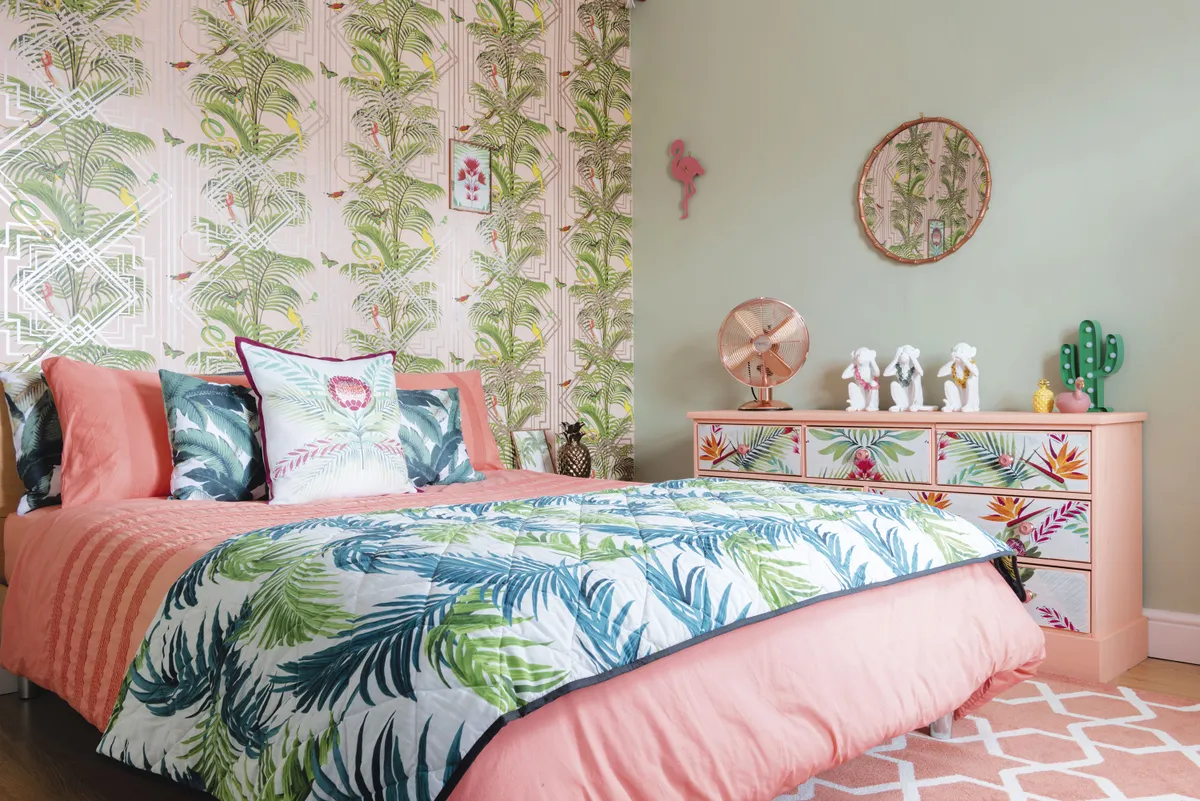 ‘The maximalist feel of this room was a gamble, but limiting the colours and sticking to the leafy motif makes it cohesive rather than chaotic’