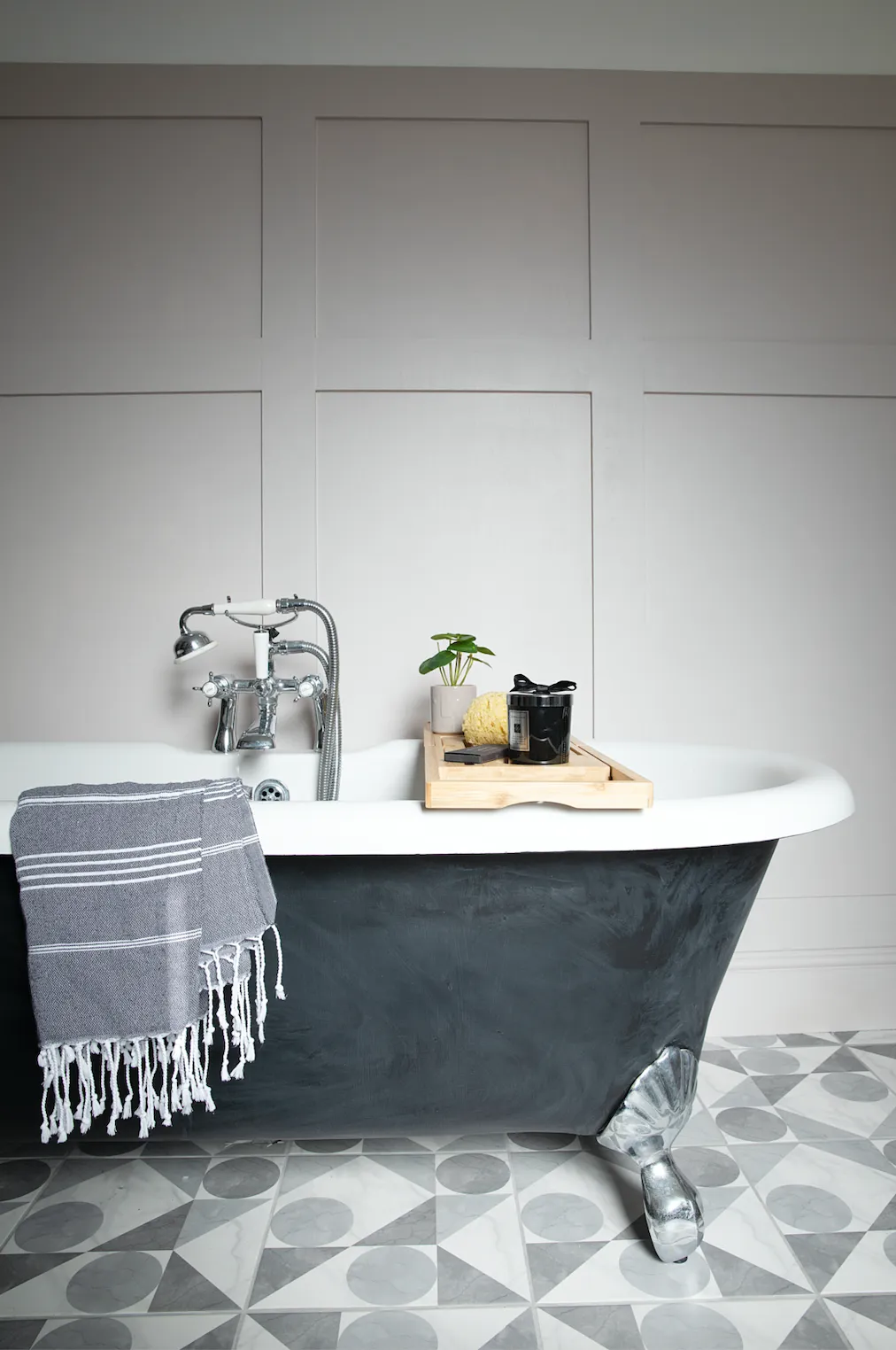 An acrylic freestanding bath is a practical choice as it’s lightweight and a lot cheaper than a cast iron design. After buying it on Instagram for £50, Cherelle spray-painted it black to match the other elements