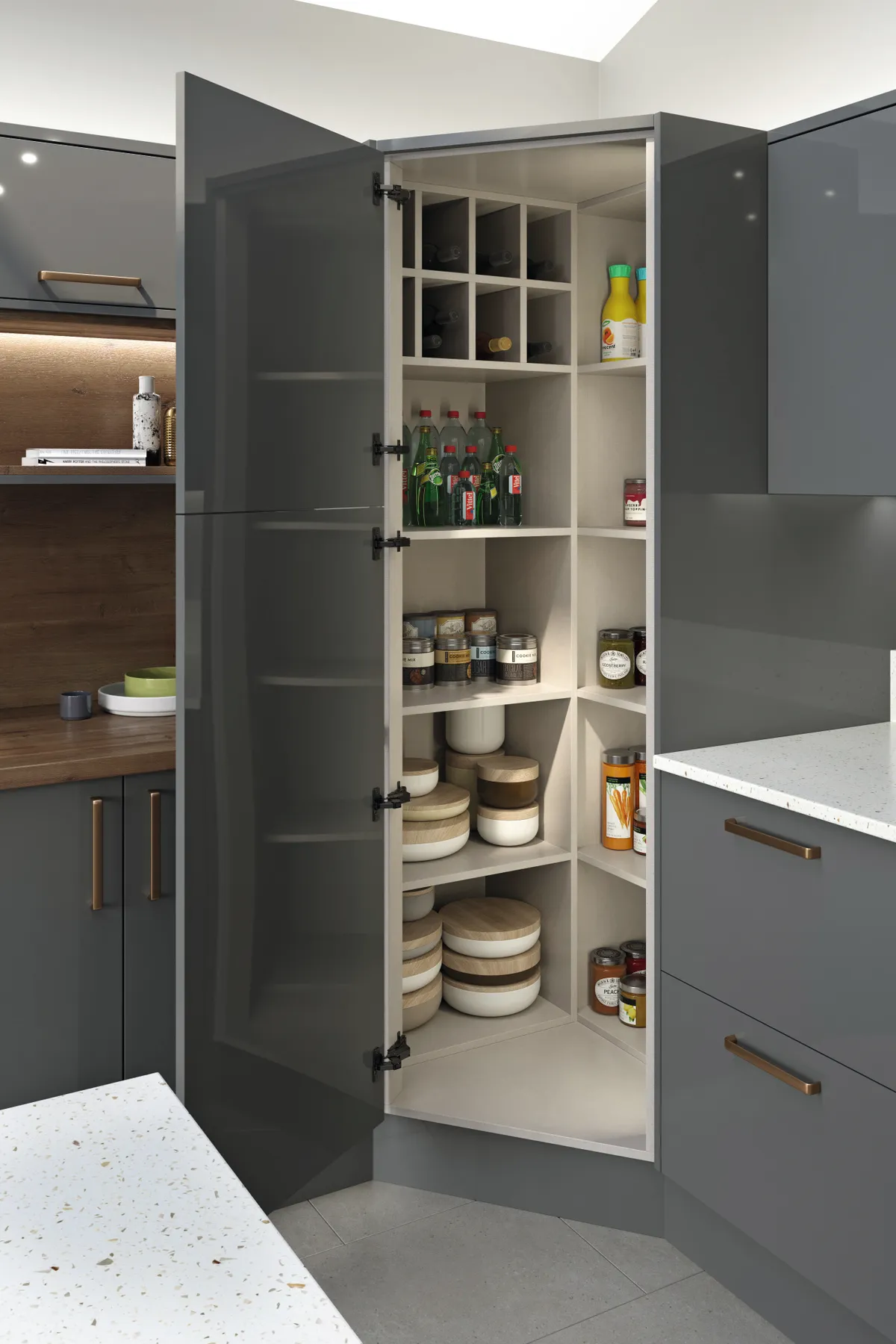 This corner larder optimises space that’s often hard to reach, allowing you to view and access the contents with ease. Complete kitchens start from around £4,000, LochAnna Kitchens