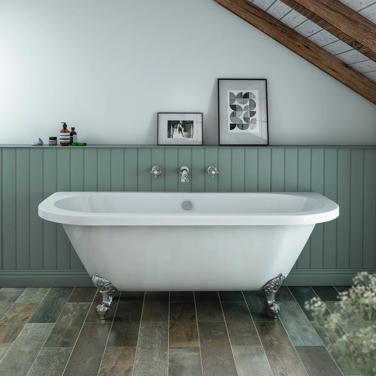 Admiral acrylic roll-top bath with height adjustable ball and claw feet, £469.95, Victorian Plumbing